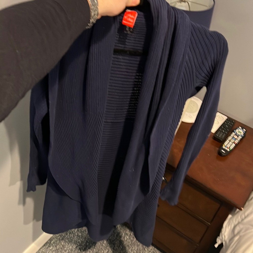 Woven navy blue open front duster